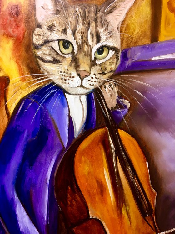 Cat Cellist inspired by Amedeo Modigliani.FELINE ART FOR CAT LOVERS GIFT IDEA