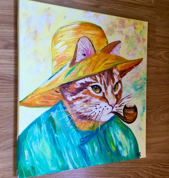 Creative Cat La Vincent Van Gogh with a pipe  oil painting for cat lovers