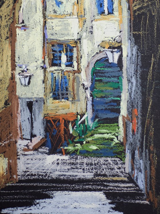 Italian yard. Dark colors urban landscape. Italy small oil pastel impressionistic painting dark moody contrast street view