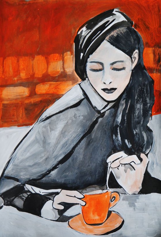 Girl drink tea / 42 x 29.7 cm