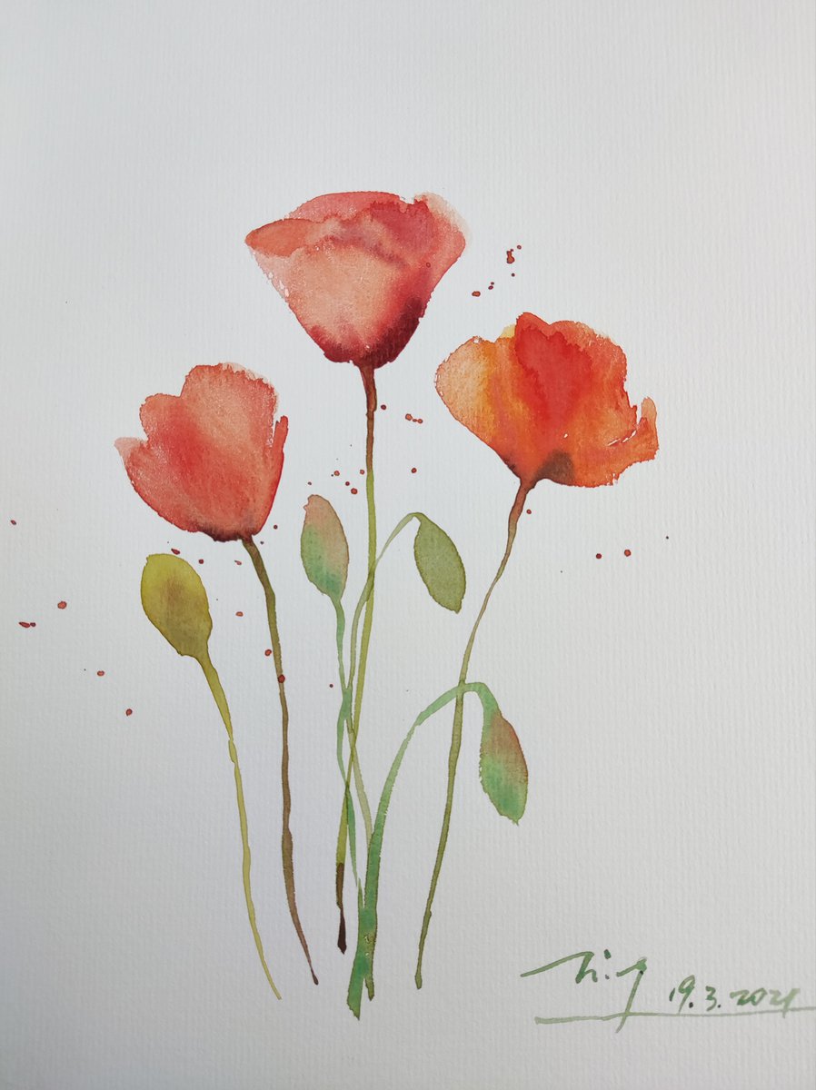 Impressionistic Botanical Watercolour By Jing Chen, 8 X 12, Poppies 3, Original Artwork