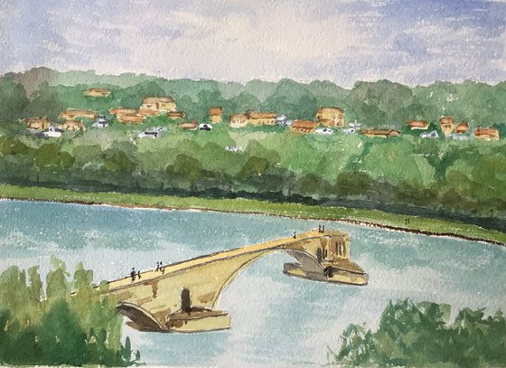 Sur le pont d’Avignon, a watercolour painting.