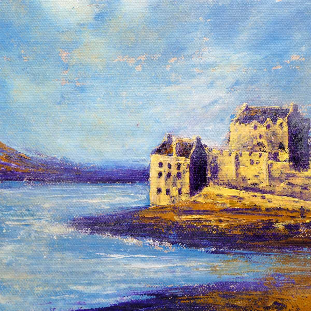 Impressionistic Landscape Acrylic Painting By Oconnart, 10 X 10", Eilean Donan Castle Scotland, Original Artwork