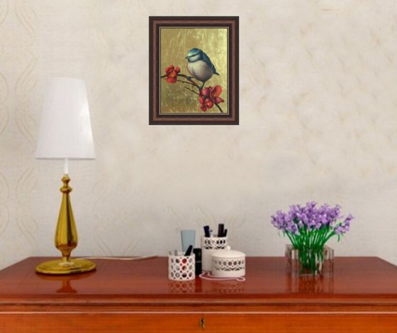 birds "Titbird and red flowers"