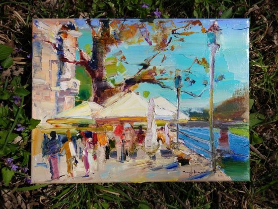 . Embankment of the old city of Uzhgorod. Ukrainian landscape. Original plein air oil painting .