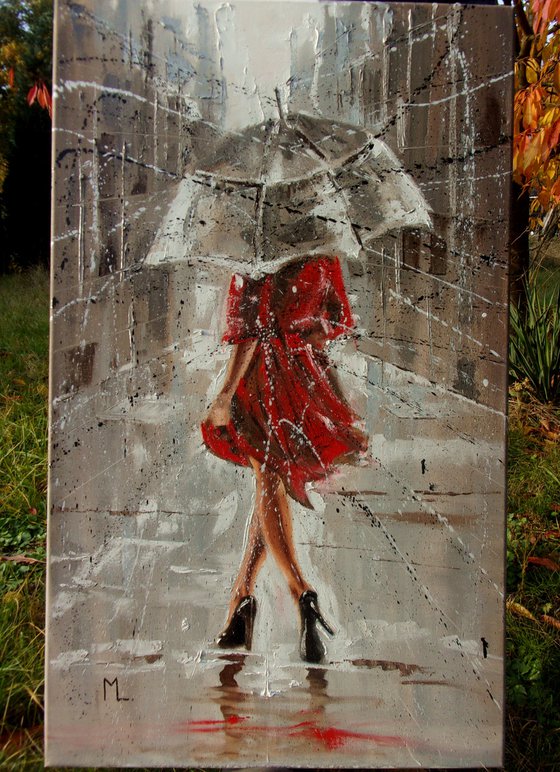 " AUTUMN WALK "   street spring summer original painting CITY palette knife GIFT