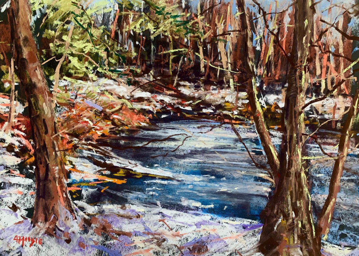Impressionistic Landscape Pastel Drawing By Andrew Moodie, 14 X 10, Woodland Ice, Original Artwork