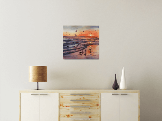 Sunset at sea. Seascape watercolor.