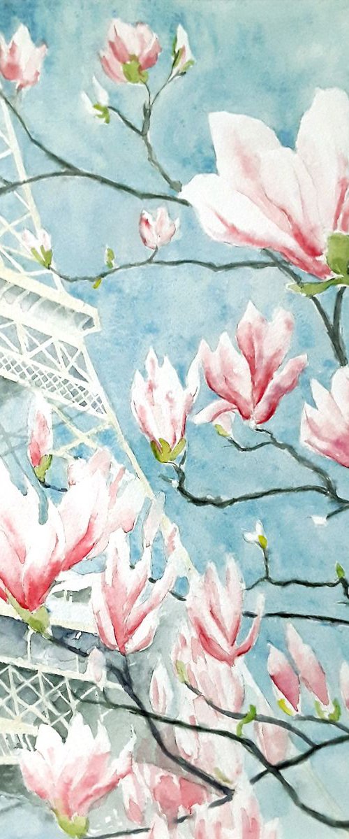 Eiffel tower in blooming magnolia by Katia Boitsova