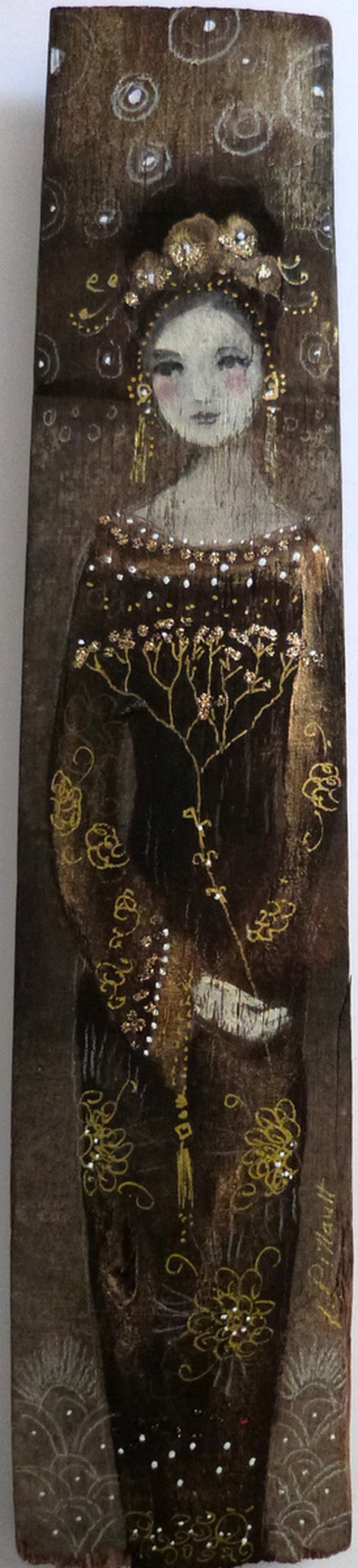 Painting on wooden stave, woman in gold and brown, Gold Umbel.