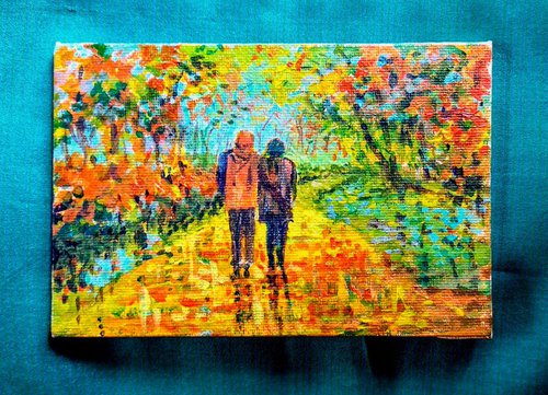 Romantic Lovers walking in Autumn by Asha Shenoy