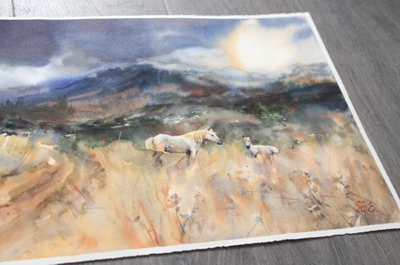 White horses in the grass, watercolor landscape, Crete, Greece