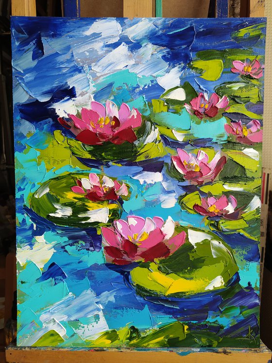 Lilies - lilies oil painting, lake, river, flowers in water, flowers on the river, water lilies, water lilies oil painting