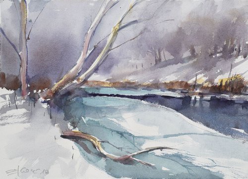 Snowscape with frozen river by Goran Žigolić Watercolors