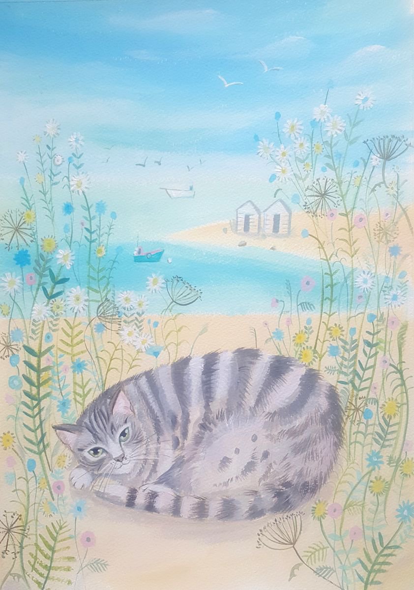 Illustrative Animal Acrylic Painting By Mary Stubberfield, 11 X 16", Tabby By The Sea, Original Artwork