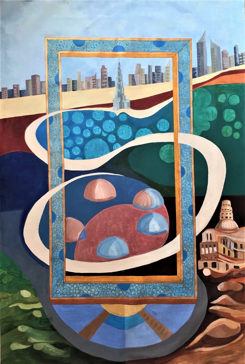 Expressive Cityscapes Acrylic Painting By Abdelrahman Shamieh, 43 X 63, Dubai Frame, Original Artwork