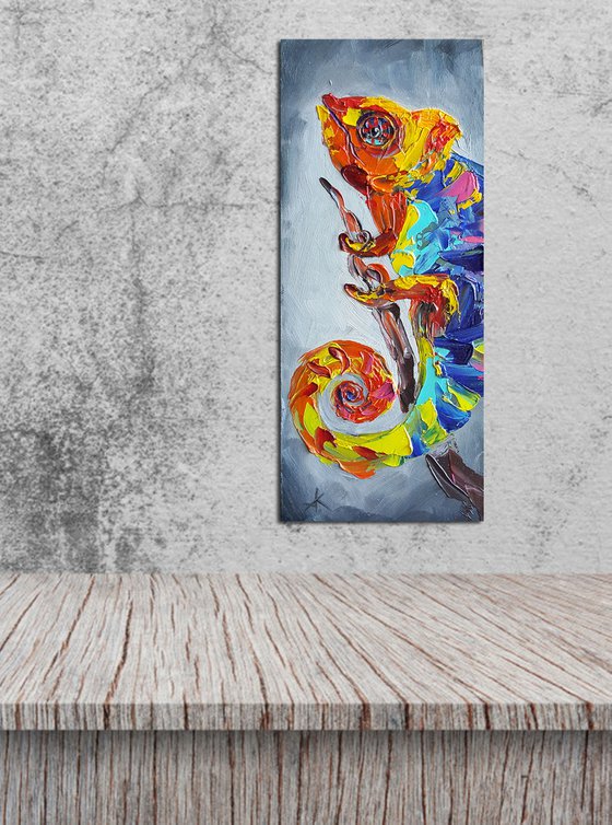 On high - chameleon, oil painting, animal oil painting, chameleon art, oil, gift idea