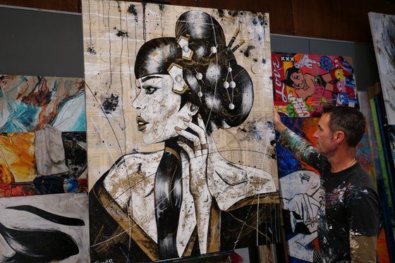 Golden Silk With Geisha 120cm x 150cm Geisha Book Page Urban Pop Art