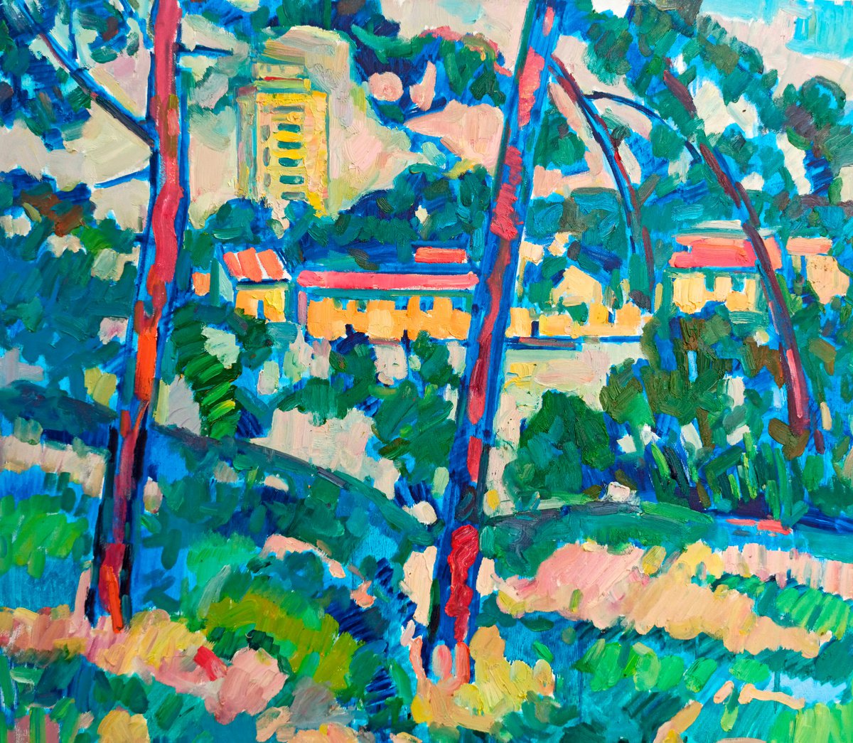 Impressionistic Abstract Oil Painting By Peter Tovpev, 33 X 30", City View, Original Artwork