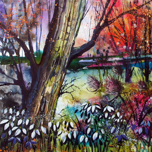 Snowdrops by the river bank by Julia  Rigby