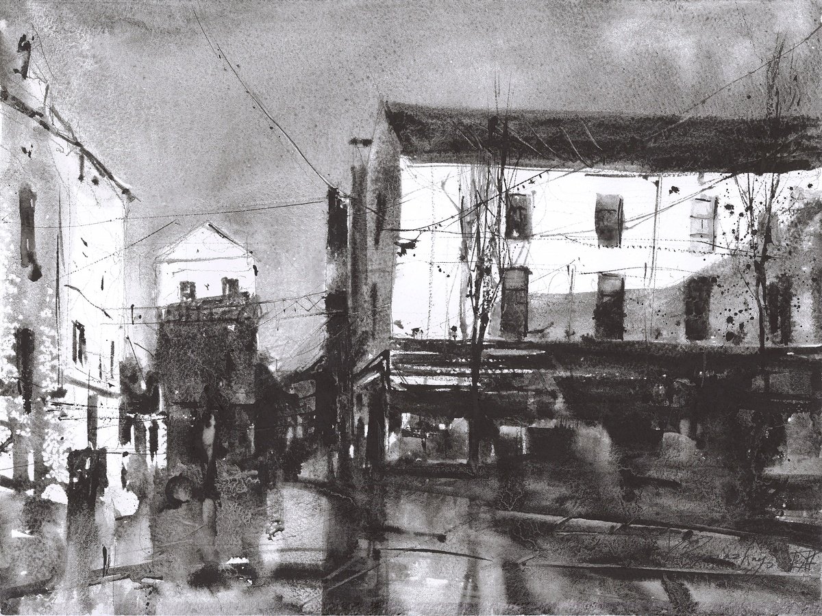 Expressive Cityscapes Watercolour By Yurii Prysiazhnyi, 16 X 12", Shadows Of Tralee Town Square, Original Artwork