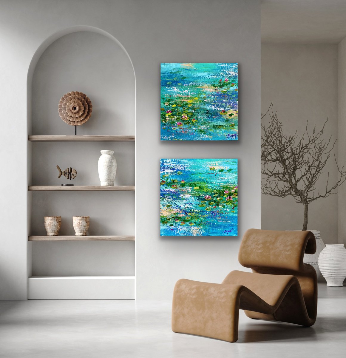Impressionistic Landscape Acrylic Painting By Pooja Verma, 31 X 16", Walking By The Watergarden - Waterlily Pond Diptych, Artfinder