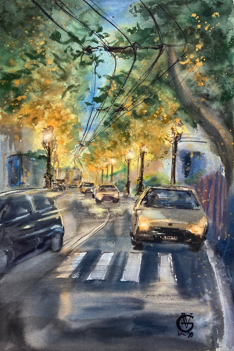 Impressionistic Cityscapes Watercolour By Valeria Golovenkina, 15 X 22", Italian Evening, Original Artwork