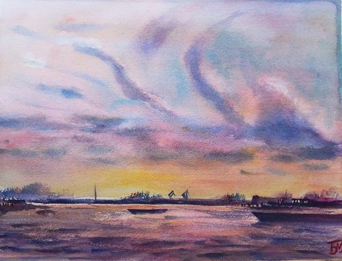 Ships on the horizon, Sunset over the River, Sunset over the Danube by Bozhidara Mircheva