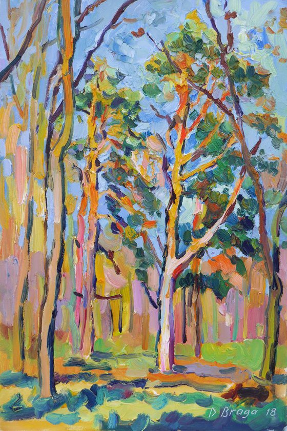Autumn pine trees (plein air, original oil painting)