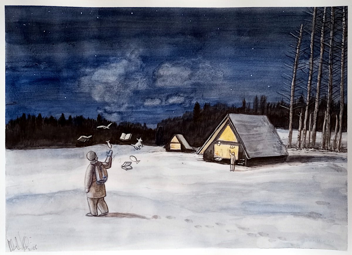 Illustrative Landscape Watercolour By Paolo Beneforti, 13 X 9", The Wandering Reader, Original Artwork