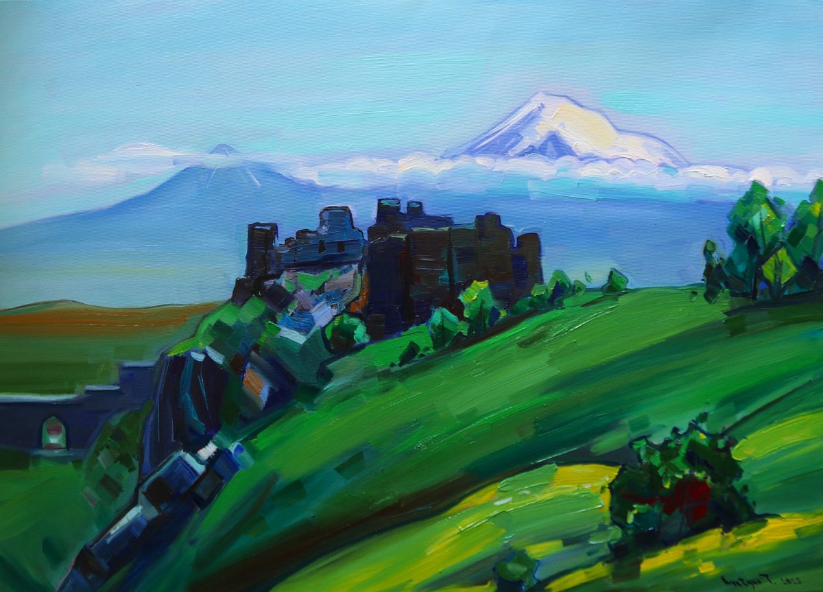 Expressive Landscape Oil Painting By Tigran Avetyan, 28 X 20", Amberd, Original Artwork