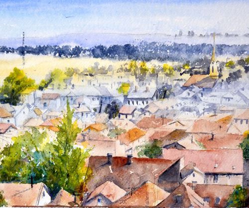 Panoramic view of Zemun and Belgrade 2019 by Nenad Kojić watercolorist