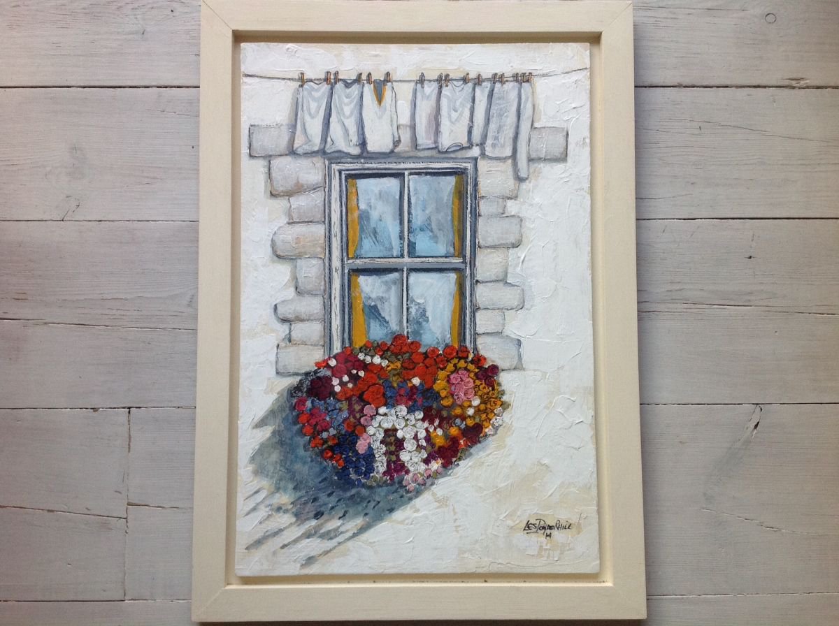 Cottage window on washing day by Les Powderhill
