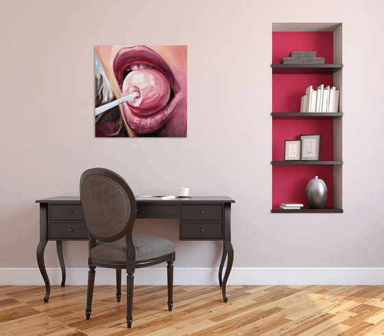 CHUPA CHUPS - original oil painting, pink, lips, gift, home decor, office decor, wall art,