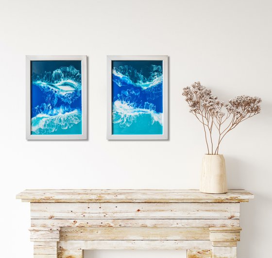 Diptych "My ocean" - set of 2 original seascape 3d artwork, framed, ready to hang