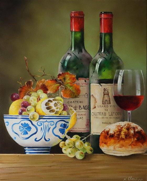 Still life with wine bottle and bowl of fruit
