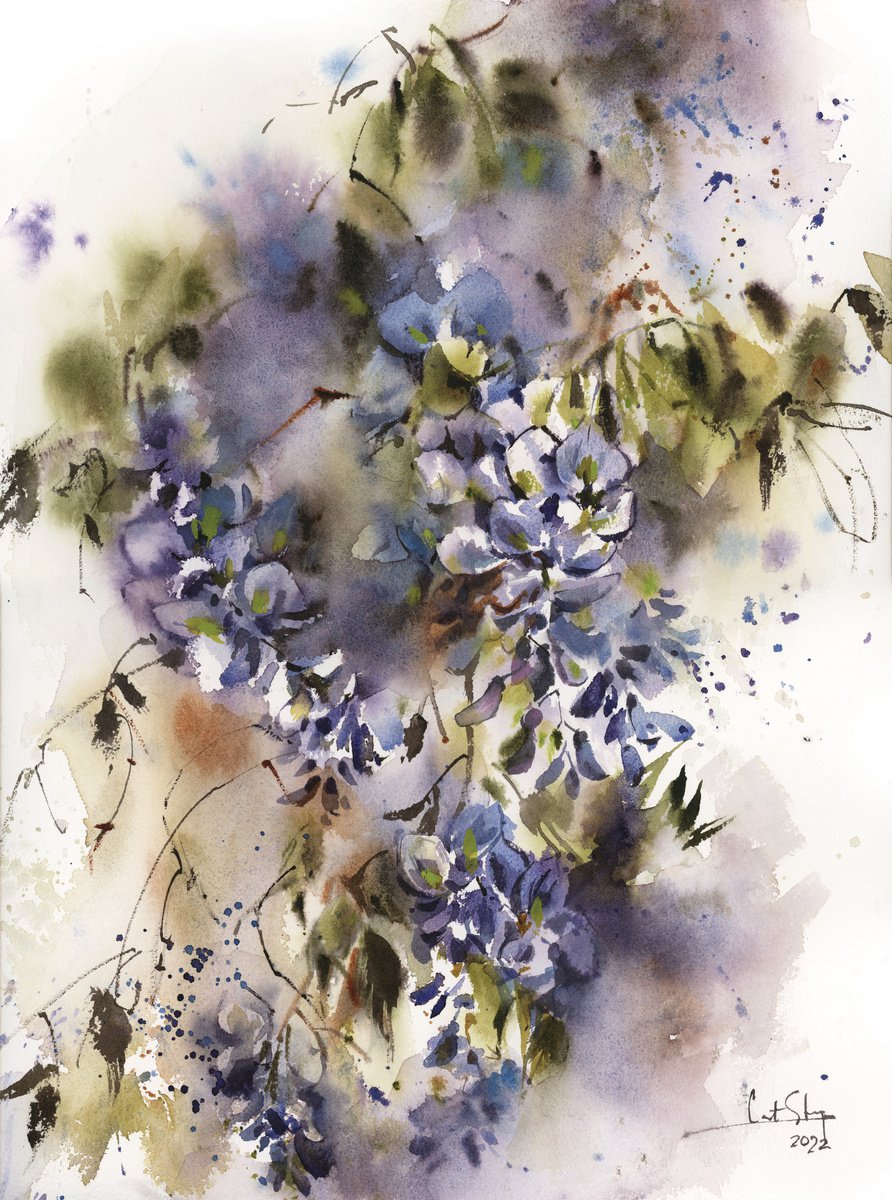 Impressionistic Botanical Watercolour By Sophie Rodionov, 12 X 16", Wisteria Florals, Original Artwork