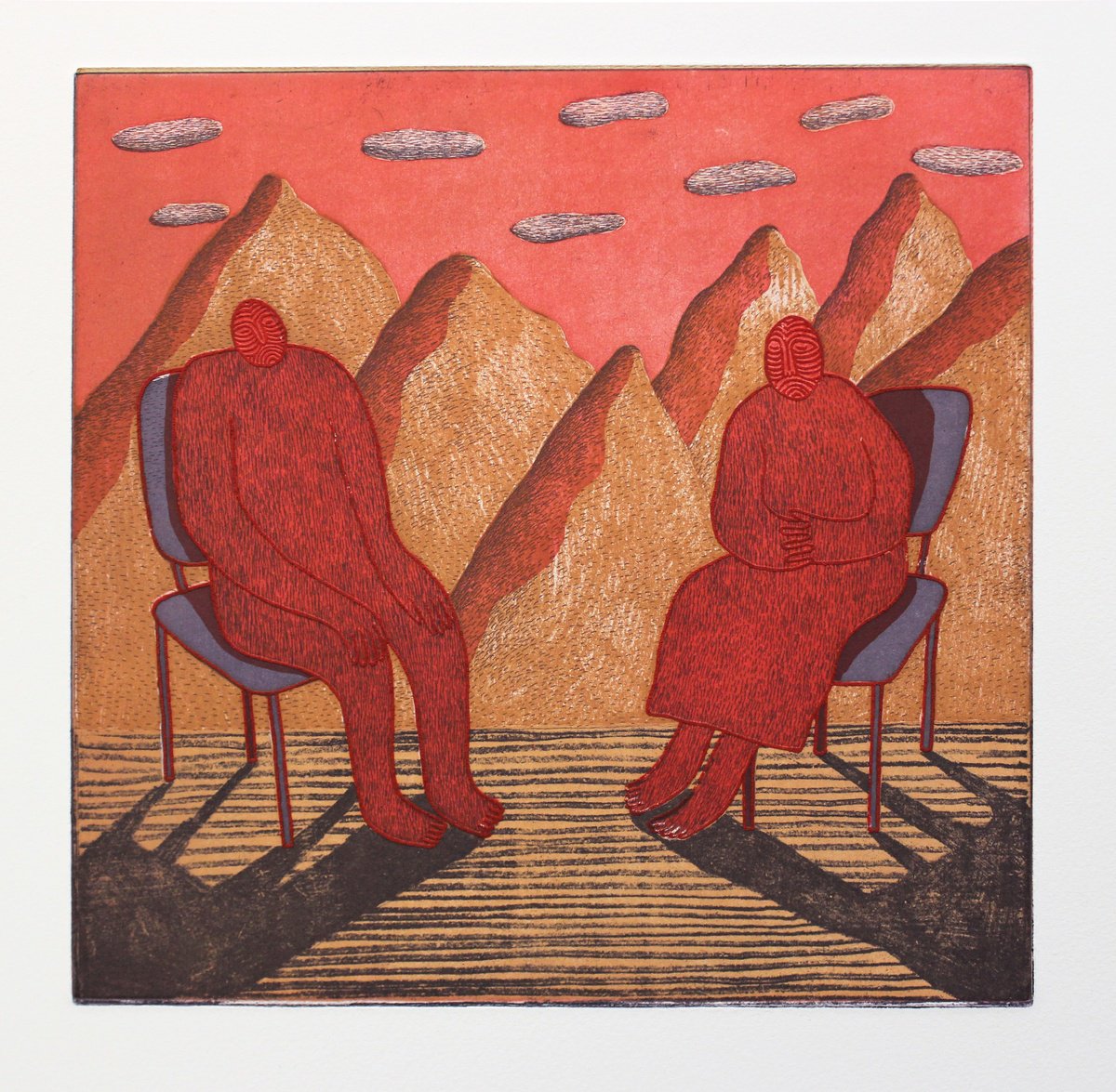 Graphic Portrait Etchings & Engravings By Katya Timoshenko, 13 X 13", Red People, Original Artwork