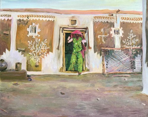 Old Courtyard - Indian Landscape - Scene - Large Size - Oil Painting 90 x 150 cm by Karakhan
