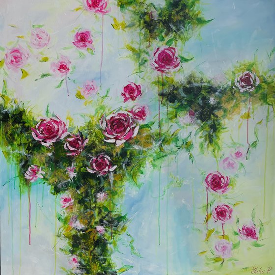 “Trailing roses” 100x100cm large acrylic