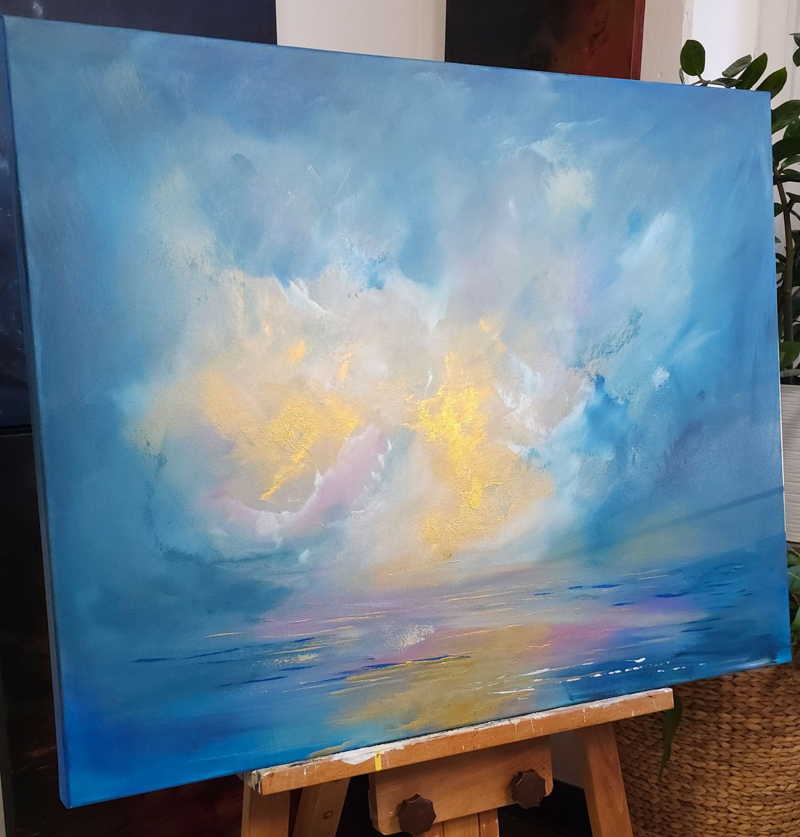 Expressive Landscape Acrylic Painting By Sophia Kuhn, 39 X 31", Shimmering Sky, Original Artwork
