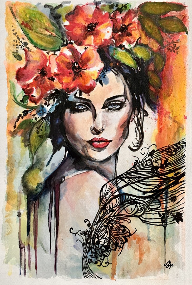 Impressionistic Portrait Watercolour By Misty Lady - M. Nierobisz, 13 X 19", Running Tattoo, Original Artwork