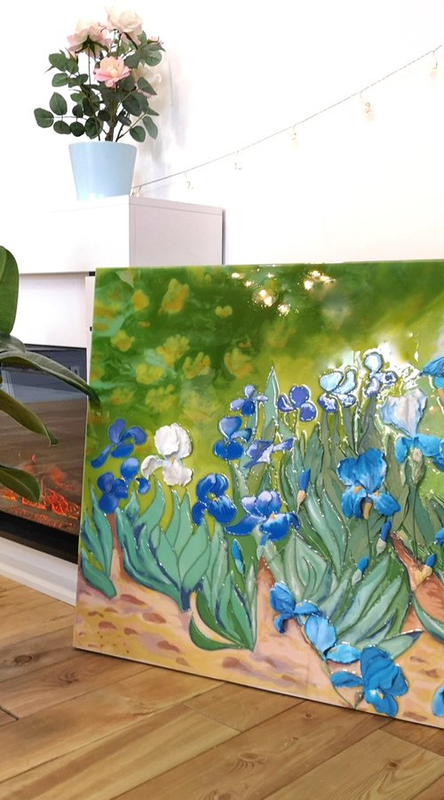 Van Gogh's irises - beautiful flowers that have turned from a painting into a bas-relief, 100x70x6 cm depts by Irina Stepanova