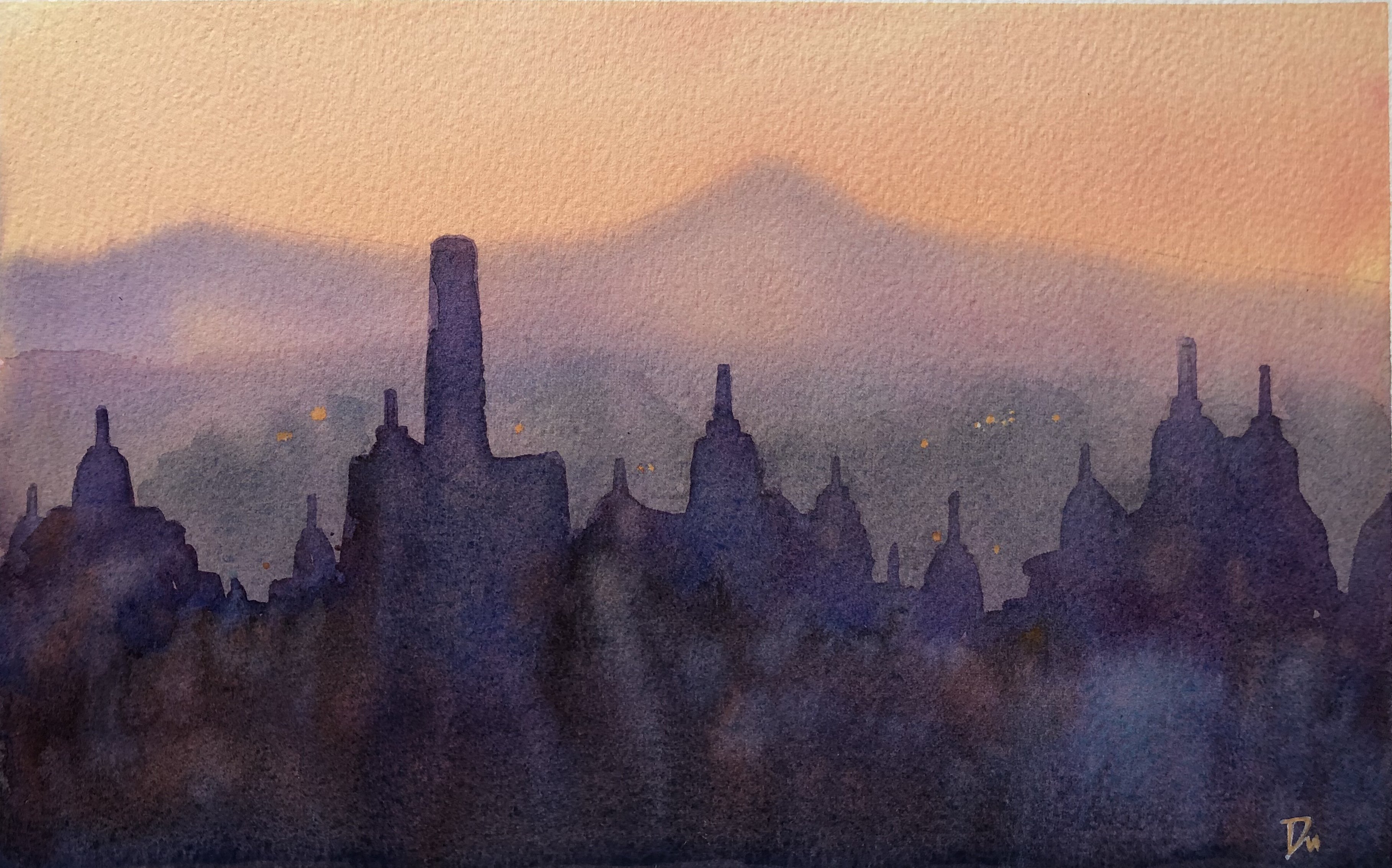 Impressionistic Cityscapes Watercolour By Shelly Du, 10 X 6", Borobudur Sunrise, Original Artwork