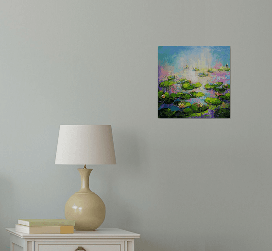 Water lilies at sunset - painting original oil, canvas