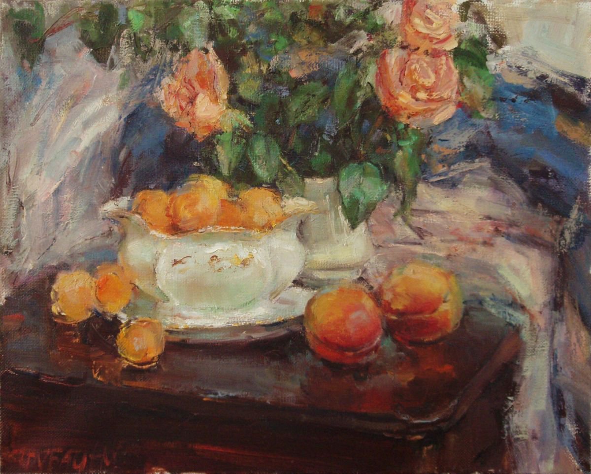 Impressionistic Still Life Oil Painting By Nelina Trubach-Moshnikova, 20 X 16", Still Life With Apricots, Original Artwork