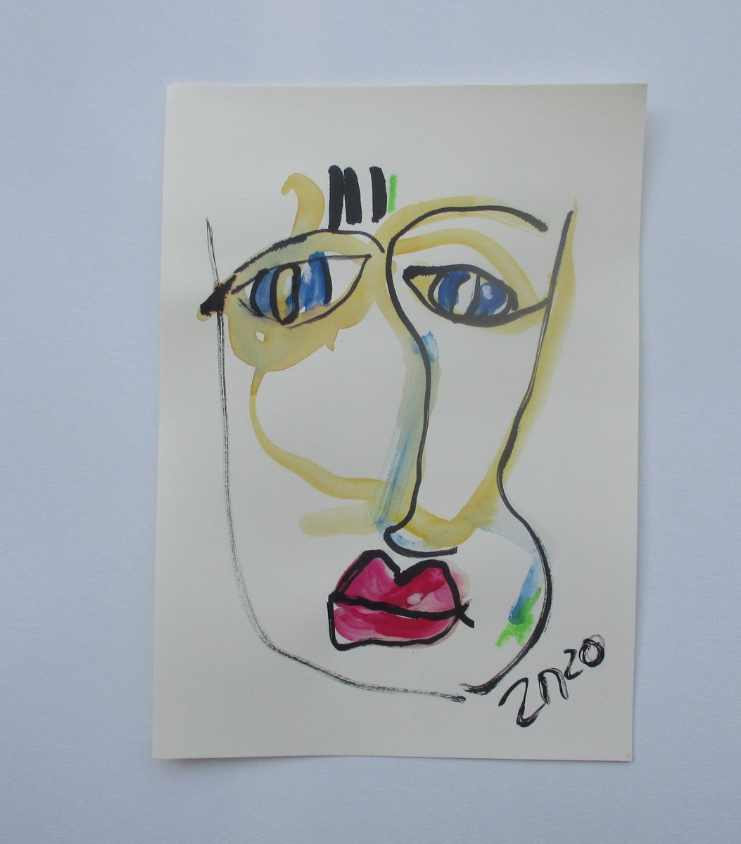 blue eyed lady 8,2 x 11,4 inch unique mixedmedia drawing by Sonja Zeltner-Muller