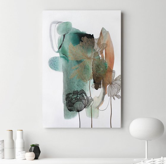 "Green Thincord" Green gold flowers art