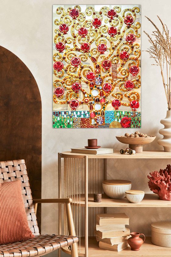 Pomegranate Tree artwork. Golden red art. Decorative wooden relief textured wall hanging sculpture with precious stones and crystal rhinestones. Gift