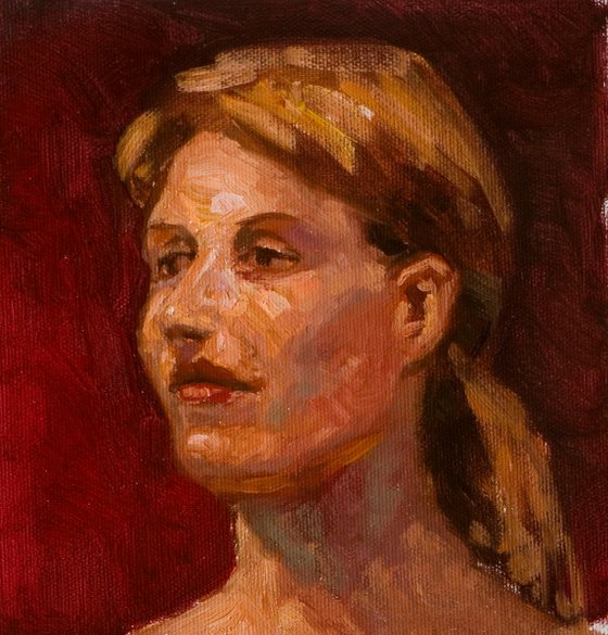 life model portrait of a woman on red background